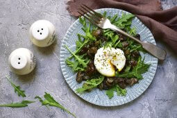 Arugula or Mizuna salad with poached eggs
